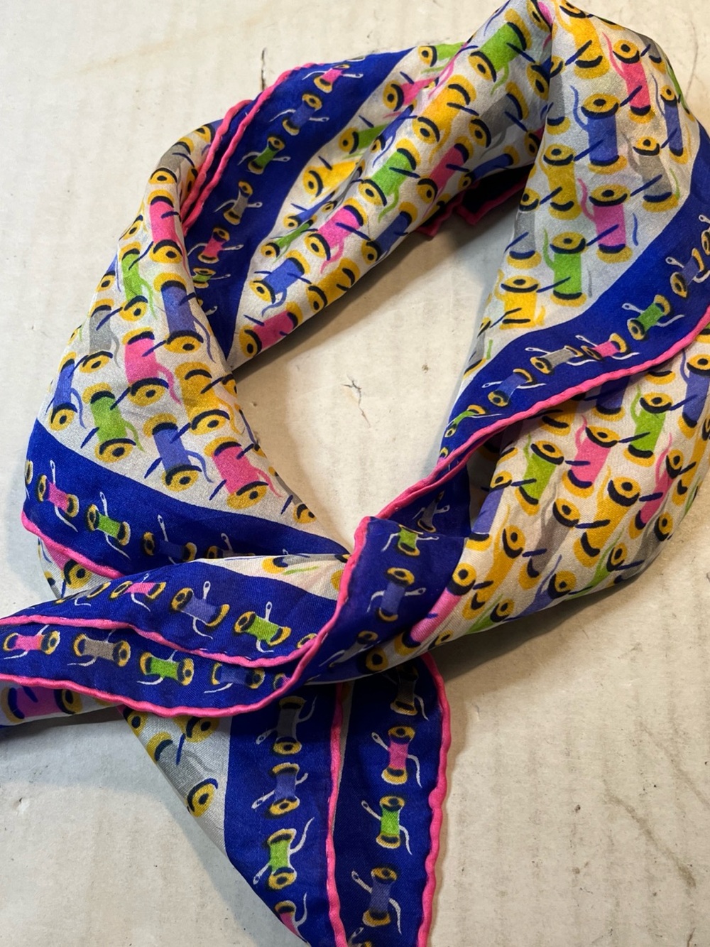 100% silk Scarf - Blue & Pink features sewing motif 17X17